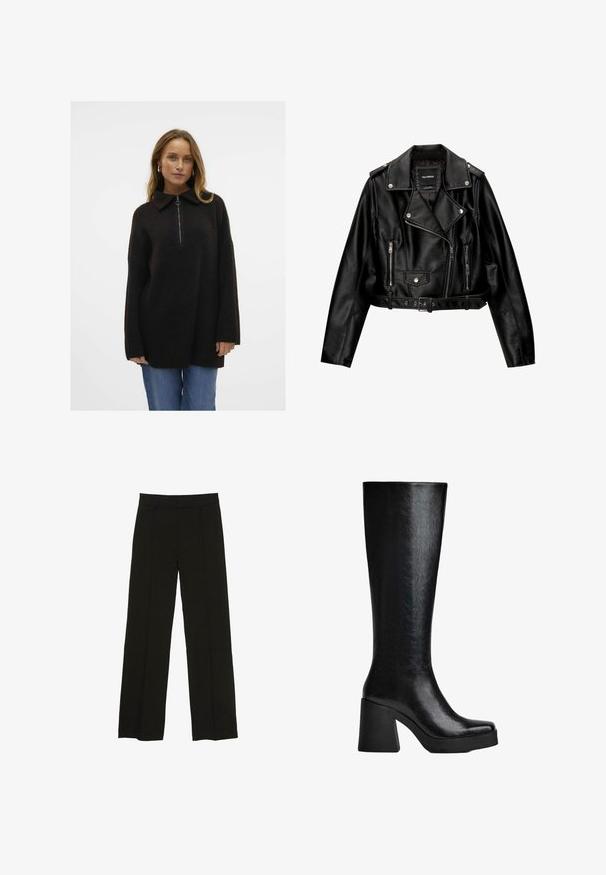 Kratka motoristična jakna iz črnega usnja s podloženim ovratnikom, srebrno opremo, žepi na zadrgo in pasom.; Črni pulover iz volnenega mešanca z zadrgo in visokim ovratnikom, ohlapen kroj, rebrasta tekstura in dolgi rokavi, v kombinaciji z modrimi kavbojkami.; Črne široke hlače iz gladkega materiala, z oprsnikom in diskretnimi sprednjimi plisami za dodano teksturo.; Črne škornje do kolen, izdelane iz teksturiranega sintetičnega materiala, z ovalnim nosom, debelim visokim peto in gladko, sijočo površino.