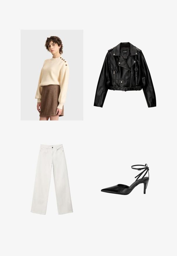 Giubotto da biker cropped in pelle nera con colletto a punta, hardware argentato, tasche con zip e vita con cintura.; Maglione a coste color crema con colletto alto e dettagli in legno sui bottoni delle spalle, abbinato a una gonna a quadri marrone con texture.; Jeans bianchi a gamba larga in denim, caratterizzati da un'alta vita, design a cinque tasche e chiusura con bottone metallico. Tessuto liscio, senza fantasie.; Scarpa nera con punta a stiletto, caratterizzata da un design con aperture e cinturino alla caviglia regolabile. La scarpa presenta una superficie liscia e lucida e un tacco sottile.