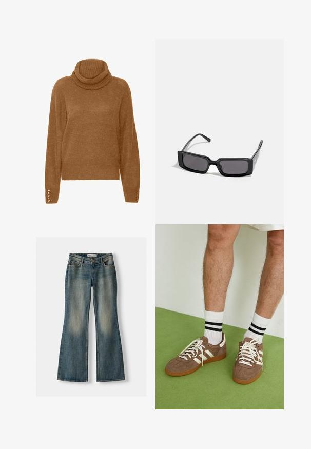 Schwarze Leder-Cropped-Bikerjacke mit Reverskragen, silberner Hardware, Reißverschlusstaschen und tailliertem Gürtel.; Brauner Rollkragenpullover mit einer weichen, strukturierten Oberfläche und langen Ärmeln. Verfügt über perlenartige Akzente an den Bündchen.; Blaue Schlagjeans mit einem ausgewaschenen Look, fünf Taschen und einem Knopfverschluss. Das Material zeigt eine Denim-Textur mit dezenten Stickdetails.; Braune Wildleder-Sneaker mit weißen Akzenten und Schnürsenkeln. Gummisohle in Kautschuk-Optik. Getragen mit weißen Socken, die schwarze Streifen haben. Grüner strukturierter Fußboden.; Schwarze Sonnenbrille mit rechteckigem Rahmen, dunklen Gläsern und glatter, glänzender Oberfläche. Verfügt über dünne Bügel mit dezentem Branding an der Seite.