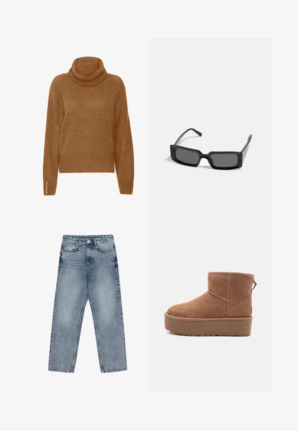 Fekete bőr rövidített motoros dzseki, amely jellemzője a kihajtható gallér, ezüst színű fémalkatrészek, cipzáras zsebek és övvel ellátott derék.; Barna garbónyakú pulóver, puha, textúrált felülettel és hosszú ujjakkal. Gyöngyszerű díszítések találhatók a mandzsettákon.; Világoskék farmernadrág egyenes szárú szabással, látható varrással, öt zsebes kialakítással és gombos derékkal.; Barna suede bokacsizma platform talppal, lekerekített orral és varrás részletekkel; a hátsó részen húzófül található a könnyű felhúzás érdekében.; Fekete napszemüveg téglalap alakú kerettel, sötét lencsékkel és sima, fényes felülettel. Vékony szárakkal rendelkezik, az oldalán diszkrét márkajelzéssel.