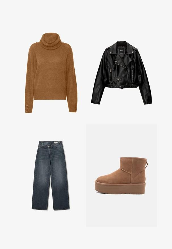 Svart läderkort motorcykeljacka med snedkrage, silverdetaljer, dragkedjefickor och bälte i midjan.; Brun polotröja med en mjuk, texturerad yta och långa ärmar. Har pärlliknande detaljer på ärmsluten.; Mörk tvättade denimjeans med vida ben, hög midja, fem fickor och subtila slitningar framtill.; Tan mockasköna med plattformssula, rund tå och broderade detaljer; har en dragflik baktill för enkel påtagning.