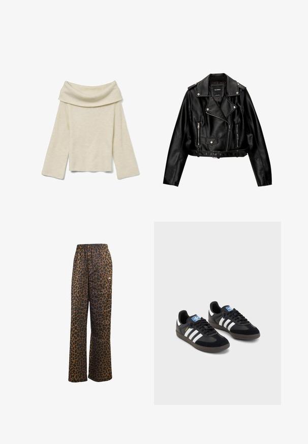 Giubotto da biker cropped in pelle nera con colletto a punta, hardware argentato, tasche con zip e vita con cintura.; Vero Moda ERA LS OFF SHOULDER GA NOOS - Maglione - birch; adidas Originals WIDE LEG LEO PRINT SATIN PANTS - Pantaloni sportivi - multicolor bronze strata; Sneakers neri con tomaia in suede e materiale sintetico, caratterizzati da tre strisce bianche, suola in gomma testurizzata e etichetta blu sul linguetta.