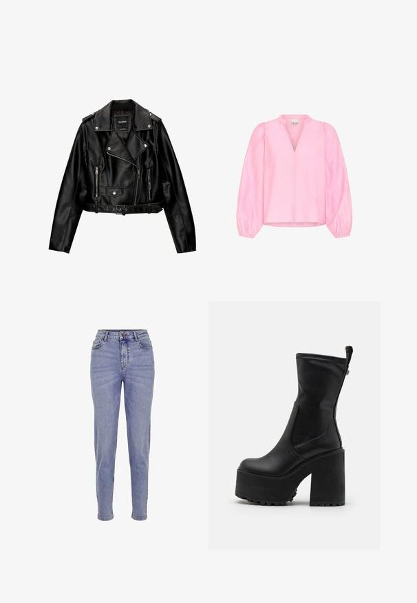 Czarna skórzana kurtka motocyklowa o kroju cropped, z wyciętą kołnierz, srebrnymi dodatkami, zamykanymi kieszeniami oraz paskiem w talii.; Różowa bluzka z długimi, bufiastymi rękawami i dekoltem w kształcie litery V. Wykonana z lekkiego materiału o gładkiej fakturze i luźnym kroju.; Jasnoniebieskie jeansy z wysokim stanem wykonane z denimu, z zamkiem błyskawicznym i zapięciem na guzik, pięcioma kieszeniami i prostą nogawką.; Buffalo KILLAH czarny