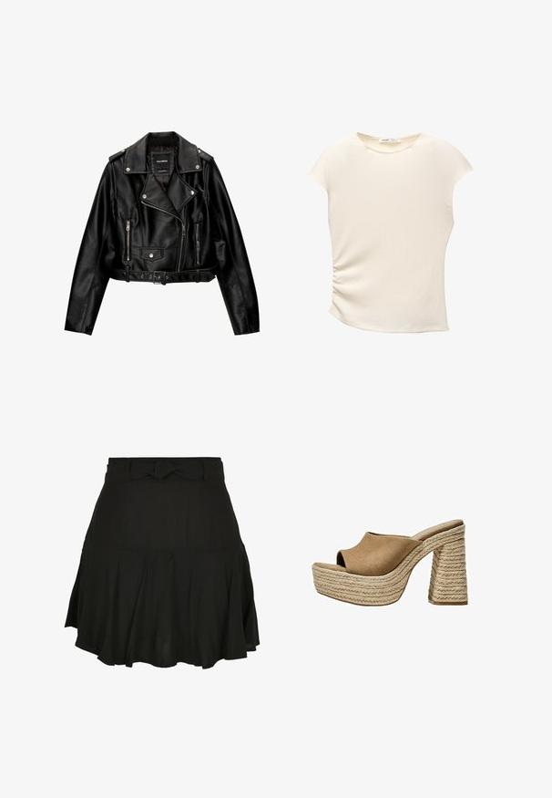 Zwarte leren cropped bikerjack met een ingenaaide kraag, zilveren hardware, ritssluitingen en een ceintuur in de taille.; Lichtcrème top met korte mouwen en een textuurafwerking, met een relaxte pasvorm en geplooide details aan de linkerkant. Ronde halslijn.; Zwarte rok met een geplooide design, voorzien van een geknoopte taille en lichte stof, wat zorgt voor een zachte val aan de onderkant.; Bruine suède platform mules met een open teen, voorzien van een stevige gevlochten jute hak en een glad, rond ontwerp aan de bovenkant.