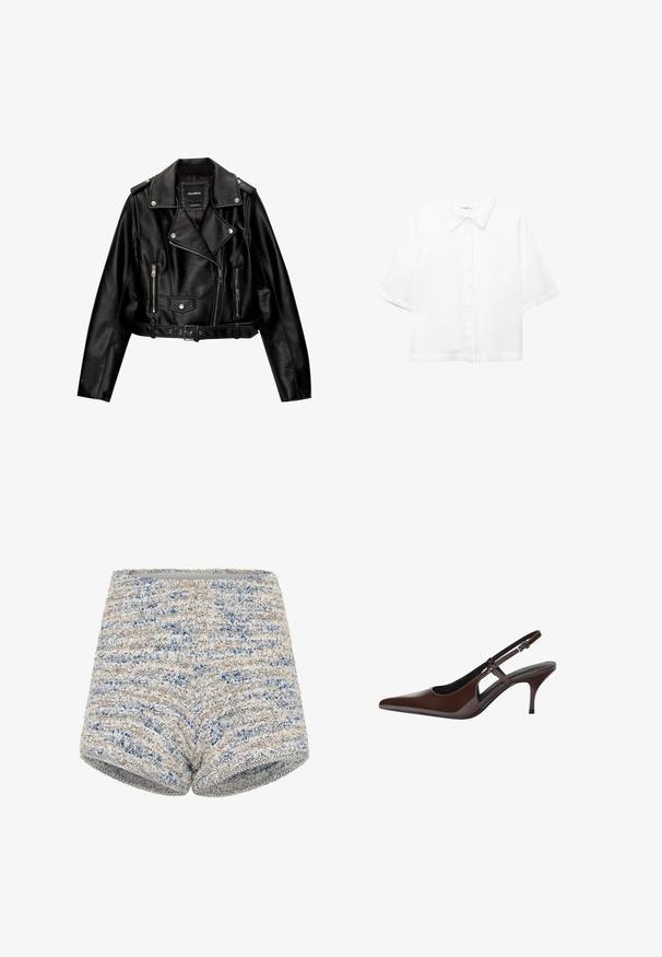 Jachetă de motociclist scurtă din piele neagră, cu guler cu revere, accesorii din metal argintiu, buzunare cu fermoar și talie cu curea.; Cămașă albă cu mâneci scurte, din bumbac, cu un guler clasic, închidere frontală cu butoane și o croială lejeră. Textură netedă, fără modele.; Shorts țesute, cu un material texturat în dungi albastre și bej, talie dreaptă și siluetă ajustată.; Pantofi slingback din piele patenta maro, cu vârful ascuțit, decupaje deschise și toc subțire. Dispun de o curea ajustabilă cu cataramă.
