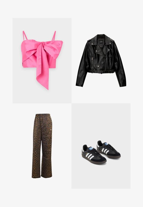 Zwarte leren cropped bikerjack met een ingenaaide kraag, zilveren hardware, ritssluitingen en een ceintuur in de taille.; Roze cropped top met een strikdetail aan de voorkant, gemaakt van een gladde stof met dunne bandjes en een elegante silhouet.; adidas Originals WIDE LEG LEO PRINT SATIN PANTS - Trainingsbroek - multicolor bronze strata; Zwarte sneakers met een bovenwerk van suède en synthetisch materiaal, voorzien van drie witte strepen, een gestructureerde rubberen zool en een blauw logo-label op de tong.