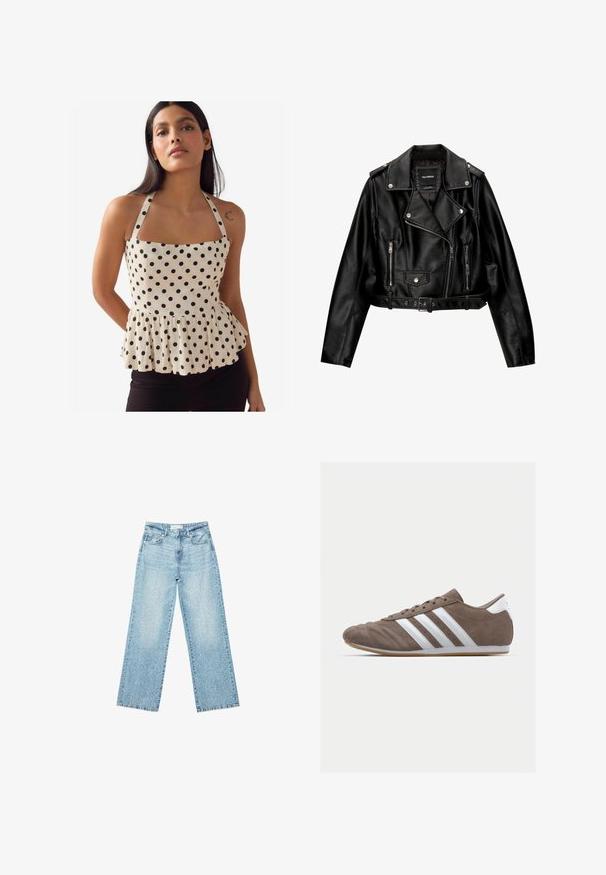 Schwarze Leder-Cropped-Bikerjacke mit Reverskragen, silberner Hardware, Reißverschlusstaschen und tailliertem Gürtel.; Peplum-Oberteil aus cremefarbenem Stoff mit schwarzen Polka-Dots, quadratischem Ausschnitt und verstellbaren Trägern. Mit einem gerafften Saum für Form.; Helle blaue Denim-Jeans mit weitem Bein und hoher Taille, im lässigen Look mit einem ausgewaschenen Finish und kleinen, verstreuten Used-Effekten.; Braune Wildleder-Sportschuhe mit weißen Streifen, runder Zehenform, Schnürdesign und Gummisohle. Strukturiertes Obermaterial mit Nahtdetails.