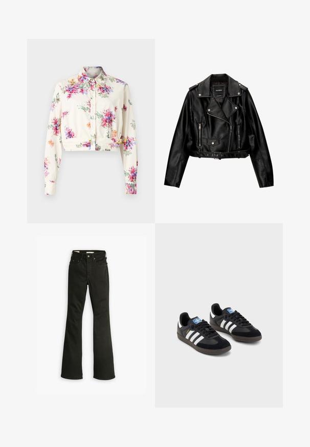 Schwarze Leder-Cropped-Bikerjacke mit Reverskragen, silberner Hardware, Reißverschlusstaschen und tailliertem Gürtel.; Gekürztes Hemd aus cremefarbenem Stoff mit mehrfarbigem Blumenmuster. Verfügt über lange Ärmel, einen Kragen und eine Knopf-Front mit dekorativen Kragenakzenten.; Schwarze Schlagjeans aus Denim. Verfügt über ein klassisches Fünf-Taschen-Design mit Reißverschluss, robuster Naht und sauberem Saum.; Schwarze Sneaker mit einem Obermaterial aus Wildleder und Synthetik, ausgestattet mit drei weißen Streifen, einer strukturierten Gummi-Sohle und einem blauen Logo-Tag auf der Zunge.
