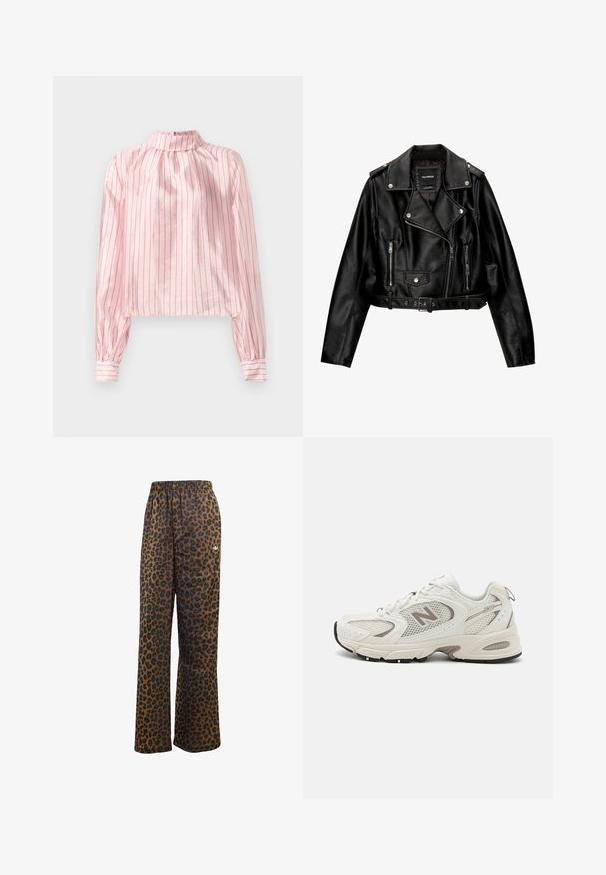Musta nahkainen lyhyt moottoripyörätakki, jossa on lovellinen kaulus, hopeanväriset yksityiskohdat, vetoketjulliset taskut ja vyötärölle sidottava vyö.; Vaaleanpunainen, raidallinen bleiseri, jossa on korkea kaulus, pitkät hihat nappi- jahtailla, ja lyhyt muoto. Sujuva kangas, jossa on kiiltäviä yksityiskohtia.; adidas Originals WIDE LEG LEO PRINT SATIN PANTS - Verryttelyhousut - multicolor bronze strata; Valkoinen verkkomateriaaliset juoksukengät, joissa on harmaita yksityiskohtia, pyöreä varvaskärki, nauhakiinnitys, pehmustettu pohja ja suuret "N"-logot sivussa.