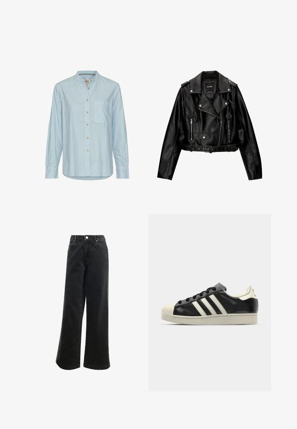 Sort læder cropped bikerjakke med et skårelapels, sølvhardware, lynlåslommer og bæltested.; Lys blå og hvid stribet langærmet skjorte med mandarin krave, knaplukning foran og en enkelt brystlomme. Blød stofftekstur.; Højvidde, vide ben sorte denimbukser med knaplukning, fem lommer og et lille broderet logo foran. Tekstureret stof.; Sort lædersneakers med hvide striber, gummitåkap, sorte snørebånd og en cremefarvet ydersål. Glat tekstur med blank overflade.