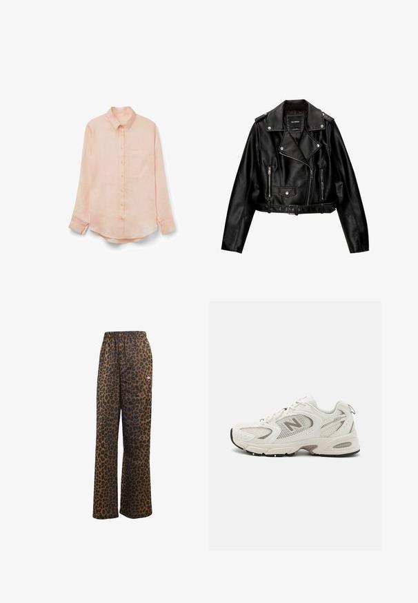 Sort læder cropped bikerjakke med et skårelapels, sølvhardware, lynlåslommer og bæltested.; Lyserød linned skjorte med lange ærmer, knaplukning på forsiden, spids krave og en enkelt brystlomme. Blød tekstur, afslappet pasform, buet kant.; Tre ærmeløse toppe stablet: sort, olivengrøn og hvid. Stoffet er et glat, strækbart materiale med rundet halsudskæring og uden mønstre.; adidas Originals WIDE LEG LEO PRINT SATIN PANTS - Træningsbukser - multicolor bronze strata; Hvide net sneakers til løb med grå accenter, afrundet tå, snørebåndsdesign, polstret sål og et fremtrædende "N" logo på siden.