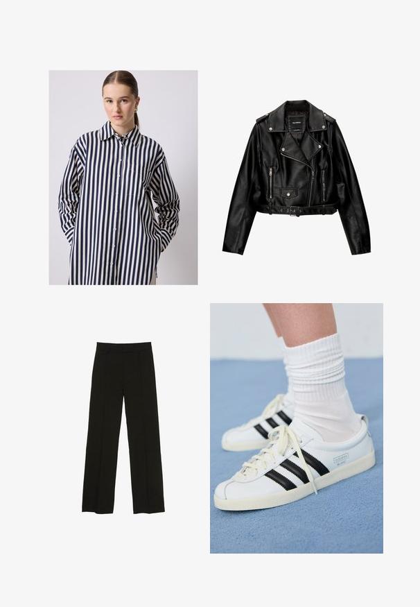 Kratka motoristična jakna iz črnega usnja s podloženim ovratnikom, srebrno opremo, žepi na zadrgo in pasom.; Srajca z dolgimi rokavi, zaprta z gumbi, izdelana iz lahkega materiala, z navpičnimi mornarsko modrimi in smetanastimi črtami, s poševnim robom in žepom na prsih.; Črne široke hlače iz gladkega materiala, z oprsnikom in diskretnimi sprednjimi plisami za dodano teksturo.; Bele usnjene športne čevlje z črnimi črtami, kremnim podplatom in svetlimi vezalkami. Obuti z belimi rebrastimi nogavicami, postavljeni na modro ozadje.