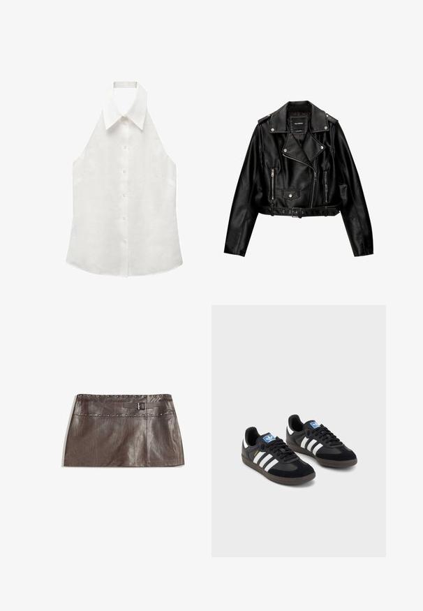 Black leather cropped biker jacket featuring a notched collar, silver hardware, zippered pockets, and a belted waist.; Mango CHIARA - Top - off-white; Brown leather mini skirt featuring a studded waistband and a belt loop with a buckle, smooth texture, and sleek, straight design.; Black sneakers with a suede and synthetic upper, featuring three white stripes, textured rubber sole, and blue logo tag on the tongue.