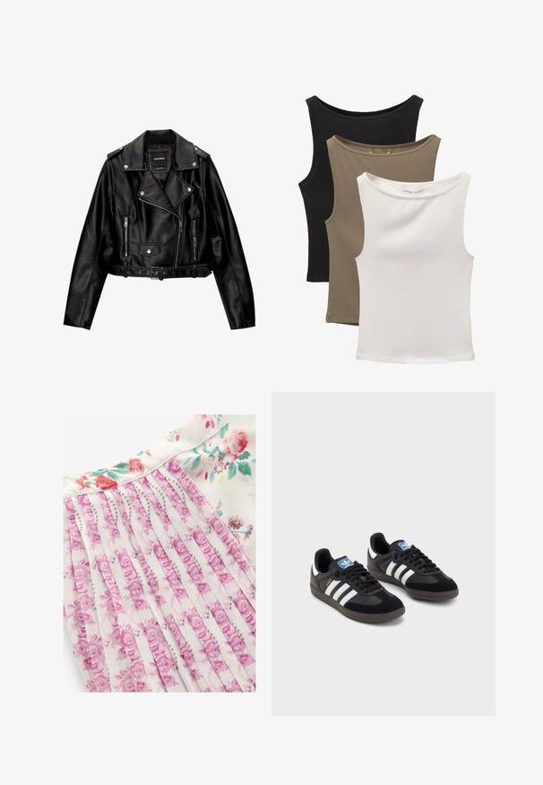 Černá kožená zkrácená motorkářská bunda s výstřihem, stříbrnými kovovými doplňky, zipovými kapsami a opaskem v pase.; Tři bezrukávové topy naskládané: černá, olivově zelená a bílá. Materiál je hladký, pružný s kulatými výstřihy a bez vzorů.; Květinové šaty s bílým pozadím a růžovými a zelenými květinovými vzory, skládáním a hladkou texturou látky.; Černé tenisky s vrškem z semiše a syntetického materiálu, s třemi bílými pruhy, texturovanou gumovou podrážkou a modrou nášivkou loga na jazyku.