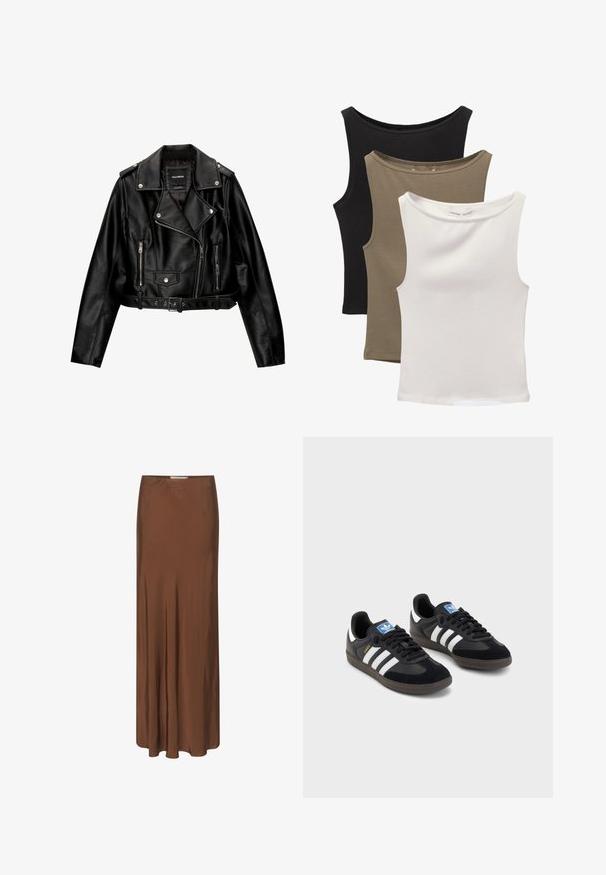 Schwarze Leder-Cropped-Bikerjacke mit Reverskragen, silberner Hardware, Reißverschlusstaschen und tailliertem Gürtel.; Drei ärmellose Tops gestapelt: schwarz, olivgrün und weiß. Der Stoff ist ein glattes, dehnbares Material mit abgerundeten Ausschnitten und ohne Muster.; Langer brauner Rock aus glattem Stoff. Merkmale einer taillierten Taille, subtile Falten und ein Logodetail an der Vorderseite. Bodentiefe Ausführung.; Schwarze Sneaker mit einem Obermaterial aus Wildleder und Synthetik, ausgestattet mit drei weißen Streifen, einer strukturierten Gummi-Sohle und einem blauen Logo-Tag auf der Zunge.