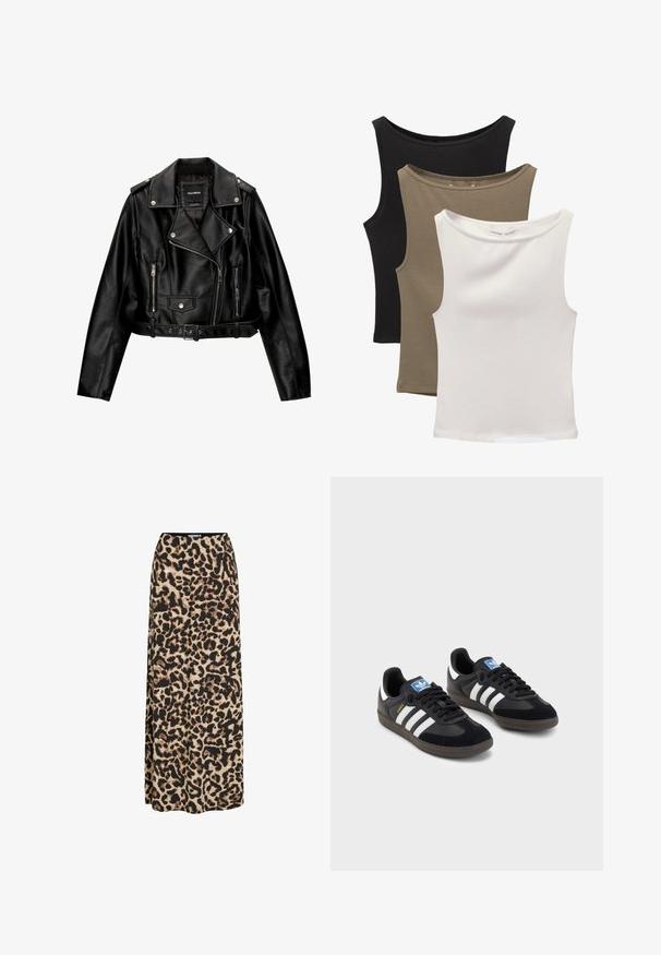 Veste de motard en cuir noir, courte, avec un col cranté, des éléments en métal argenté, des poches zippées et une taille ceinturée.; Trois tops sans manches empilés : noir, vert olive et blanc. Le tissu est un matériau lisse et extensible avec des encolures arrondies et sans motifs.; VILA LEOA HIGH WAIST - Jupe longue - black; Des baskets noires avec une tige en suède et en matériaux synthétiques, dotées de trois rayures blanches, d'une semelle en caoutchouc texturé et d'une étiquette de logo bleue sur la languette.