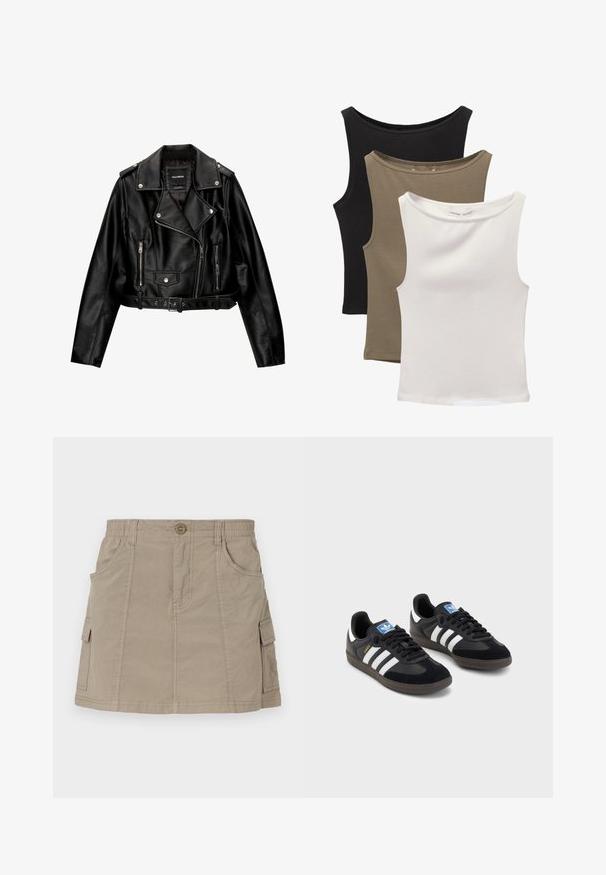 Fekete bőr rövidített motoros dzseki, amely jellemzője a kihajtható gallér, ezüst színű fémalkatrészek, cipzáras zsebek és övvel ellátott derék.; Három ujjatlan felső egymásra helyezve: fekete, olívazöld és fehér. Az anyag sima, rugalmas, lekerekített nyakkivágással és minták nélkül.; Khaki színű cargo szoknya derékpánttal, elülső zsebekkel és oldalsó cargo zsebekkel. Könnyű anyagból készült, sima tapintású.; Fekete sportcipők, velúrból és szintetikus anyagból készült felsőrésszel, három fehér csíkkal, textúrázott gumitalppal és kék logó címkével a nyelvén.