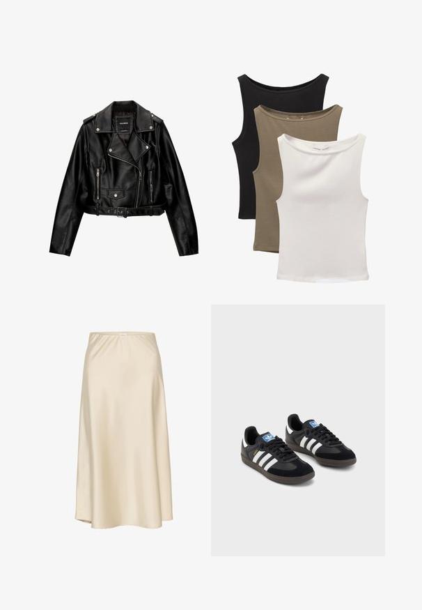 Giubotto da biker cropped in pelle nera con colletto a punta, hardware argentato, tasche con zip e vita con cintura.; Tre top senza maniche impilati: nero, verde oliva e bianco. Il tessuto è un materiale liscio e elastico con scollature arrotondate e senza fantasie.; Gonna A-line in satin beige con una vita elastica, texture liscia e una silhouette fluida, che si restringe dolcemente verso l'orlo.; Sneakers neri con tomaia in suede e materiale sintetico, caratterizzati da tre strisce bianche, suola in gomma testurizzata e etichetta blu sul linguetta.