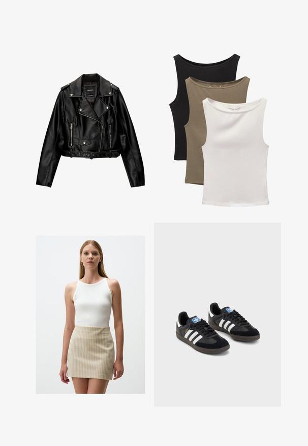 Schwarze Leder-Cropped-Bikerjacke mit Reverskragen, silberner Hardware, Reißverschlusstaschen und tailliertem Gürtel.; Drei ärmellose Tops gestapelt: schwarz, olivgrün und weiß. Der Stoff ist ein glattes, dehnbares Material mit abgerundeten Ausschnitten und ohne Muster.; Weißes, geripptes Tanktop, kombiniert mit einem beigefarbenen Minirock mit hellen vertikalen Streifen. Glatte Texturen und enganliegendes Design.; Schwarze Sneaker mit einem Obermaterial aus Wildleder und Synthetik, ausgestattet mit drei weißen Streifen, einer strukturierten Gummi-Sohle und einem blauen Logo-Tag auf der Zunge.