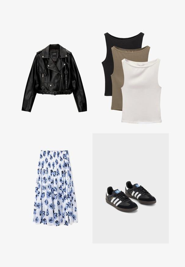 Czarna skórzana kurtka motocyklowa o kroju cropped, z wyciętą kołnierz, srebrnymi dodatkami, zamykanymi kieszeniami oraz paskiem w talii.; Trzy bezrękawniki ułożone w stos: czarny, oliwkowy i biały. Materiał jest gładki, elastyczny, z okrągłymi dekoltami i bez wzorów.; Plisowana spódnica z lekkiego materiału, z białym tłem i niebieskimi kwiatowymi wzorami z ciemnymi akcentami.; Czarne sneakersy z zamszową i syntetyczną cholewką, wyposażone w trzy białe paski, teksturowaną gumową podeszwę oraz niebieską metkę z logo na języku.
