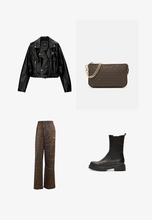 Crna kožna skraćena biker jakna srezanog ovratnika, srebrnim detaljima, džepovima na zip i remenom u struku.; Tri suknje bez rukava složene: crna, maslinasto zelena i bijela. Tkanina je glatka, elastična s okruglim izrezima i bez uzoraka.; adidas Originals WIDE LEG LEO PRINT SATIN PANTS - Donji dijelovi trenirke - multicolor bronze strata; Crne kožne gležnjače s elastičnim bočnim panelima, zaobljenim vrhom i debelim, strukturiranim gumenim đonom s dubokim utorima za prianjanje.; Smeđa kožna torba preko ramena s uzorkom loga, zlatna lanac trakica, zatvaranje na patentni zatvarač i zlatni metalni detalji. Kompaktna i pravokutna forma.