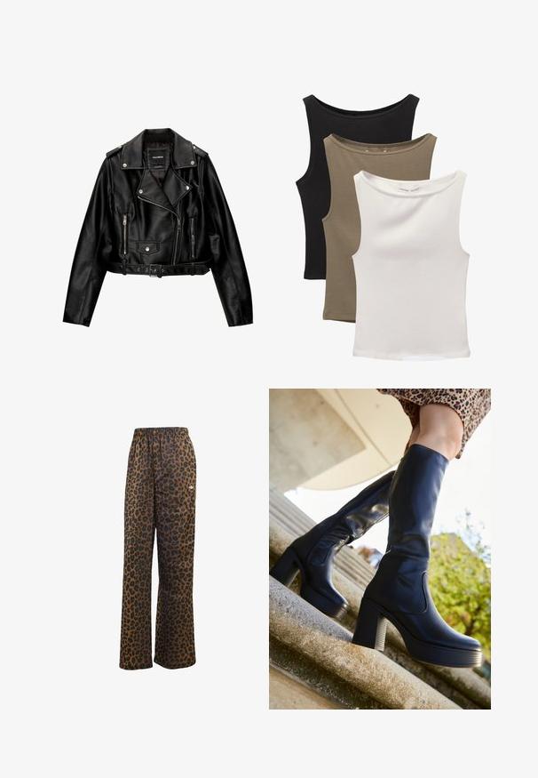 Sort læder cropped bikerjakke med et skårelapels, sølvhardware, lynlåslommer og bæltested.; Tre ærmeløse toppe stablet: sort, olivengrøn og hvid. Stoffet er et glat, strækbart materiale med rundet halsudskæring og uden mønstre.; adidas Originals WIDE LEG LEO PRINT SATIN PANTS - Træningsbukser - multicolor bronze strata; mtng NEW - Plateaustøvler - black