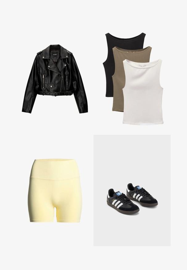 Fekete bőr rövidített motoros dzseki, amely jellemzője a kihajtható gallér, ezüst színű fémalkatrészek, cipzáras zsebek és övvel ellátott derék.; Három ujjatlan felső egymásra helyezve: fekete, olívazöld és fehér. Az anyag sima, rugalmas, lekerekített nyakkivágással és minták nélkül.; Sárga anyagú rövidnadrág, bordázott derékkal, sima textúrával és középhosszú dizájnnal, amely aktív viseletre vagy hétköznapi öltözködésre is alkalmas.; Fekete sportcipők, velúrból és szintetikus anyagból készült felsőrésszel, három fehér csíkkal, textúrázott gumitalppal és kék logó címkével a nyelvén.