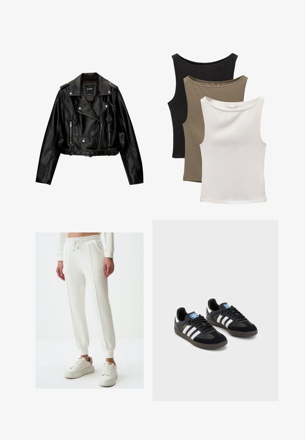 Zwarte leren cropped bikerjack met een ingenaaide kraag, zilveren hardware, ritssluitingen en een ceintuur in de taille.; Drie mouwloze topjes gestapeld: zwart, olijfgroen en wit. De stof is een glad materiaal met rek en heeft ronde halsen zonder patronen.; Witte joggers met een trekkoord in de taille en boorden, met een gladde textuur en subtiele zijnaad. Gepaard met witte sneakers.; Zwarte sneakers met een bovenwerk van suède en synthetisch materiaal, voorzien van drie witte strepen, een gestructureerde rubberen zool en een blauw logo-label op de tong.