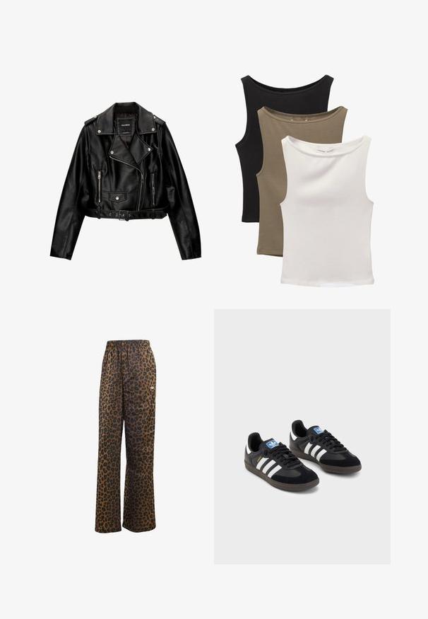 Kratka motoristična jakna iz črnega usnja s podloženim ovratnikom, srebrno opremo, žepi na zadrgo in pasom.; Trii brezrokavniki zloženi: črn, olivno zeleni in beli. Tkanina je gladek, raztegljiv material z zaobljenimi ovratniki in brez vzorcev.; adidas Originals WIDE LEG LEO PRINT SATIN PANTS - Spodnji deli trenirk - multicolor bronze strata; Črne športne copate z zgornjim delom iz semiša in sintetičnih materialov, ki imajo tri bele črte, teksturiran gumijast podplat in modro označevalno oznako na jeziku.