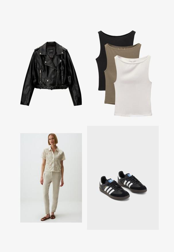 Schwarze Leder-Cropped-Bikerjacke mit Reverskragen, silberner Hardware, Reißverschlusstaschen und tailliertem Gürtel.; Drei ärmellose Tops gestapelt: schwarz, olivgrün und weiß. Der Stoff ist ein glattes, dehnbares Material mit abgerundeten Ausschnitten und ohne Muster.; Cremfarbige Bluse mit Spitzenmuster und kurzen Ärmeln, mit einem Kragen. Kombiniert mit beigen, schmal geschnittenen Hosen und braunen, geflochtenen Sandalen.; Schwarze Sneaker mit einem Obermaterial aus Wildleder und Synthetik, ausgestattet mit drei weißen Streifen, einer strukturierten Gummi-Sohle und einem blauen Logo-Tag auf der Zunge.