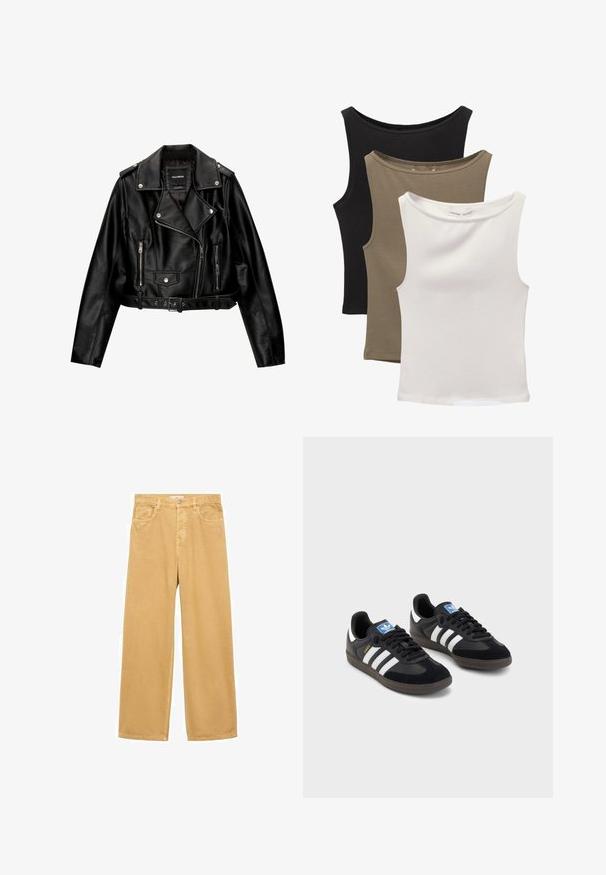 Crna kožna skraćena biker jakna srezanog ovratnika, srebrnim detaljima, džepovima na zip i remenom u struku.; Tri suknje bez rukava složene: crna, maslinasto zelena i bijela. Tkanina je glatka, elastična s okruglim izrezima i bez uzoraka.; Široke, svijetlosmeđe pamučne hlače visoki struk, s prednjim džepovima i jednim kopčanjem na dugme. Glatka tekstura, ležeran dizajn.; Crne tenisice s gornjim dijelom od antilopa i sintetičkog materijala, s tri bijele pruge, teksturiranom gumenom potplatom i plavom oznakom na jeziku.
