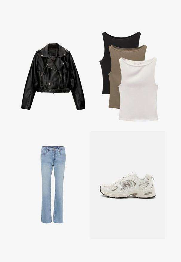 Svart läderkort motorcykeljacka med snedkrage, silverdetaljer, dragkedjefickor och bälte i midjan.; Tre ärmlösa toppar staplade: svart, olivgrön och vit. Tyget är ett mjukt, elastiskt material med rundade halslinningar och inga mönster.; Ljust blå denimjeans med en utsvängd bendesign och slitsar vid fållen. Utrustade med standardfickor och knappstängning i midjan.; Vita nätlöparskor med grå detaljer, rundad tå, snörning, dämpad sula och en framträdande "N"-logotyp på sidan.