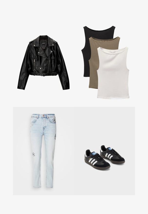Jachetă de motociclist scurtă din piele neagră, cu guler cu revere, accesorii din metal argintiu, buzunare cu fermoar și talie cu curea.; Trei topuri fără mâneci stivuite: negru, verde măsliniu și alb. Țesătura este un material neted și elastic, cu decolteuri rotunjite și fără modele.; Jeans din denim de un albastru deschis, cu croială dreaptă, prezentând broderie florală decorativă în nuanțe de albastru închis și galben pe picioare. Design clasic cu cinci buzunare.; Tenisi negri cu superior din suede și sintetic, având trei dungi albe, talpă din cauciuc texturat și etichetă albastră cu logo pe limbă.