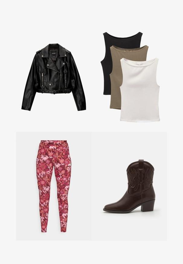 Fekete bőr rövidített motoros dzseki, amely jellemzője a kihajtható gallér, ezüst színű fémalkatrészek, cipzáras zsebek és övvel ellátott derék.; Három ujjatlan felső egymásra helyezve: fekete, olívazöld és fehér. Az anyag sima, rugalmas, lekerekített nyakkivágással és minták nélkül.; Virágmintás leggings sötét rózsaszín és bordó színkombinációban, különböző virágokkal és levelekkel. Rugalmas, testhez simuló anyagból készült.; Barna bőr cowboy csizmák, hegyes orral, domború szárny mintákkal, közepes magasságú blokksarkakkal és hátsó húzófüllel.