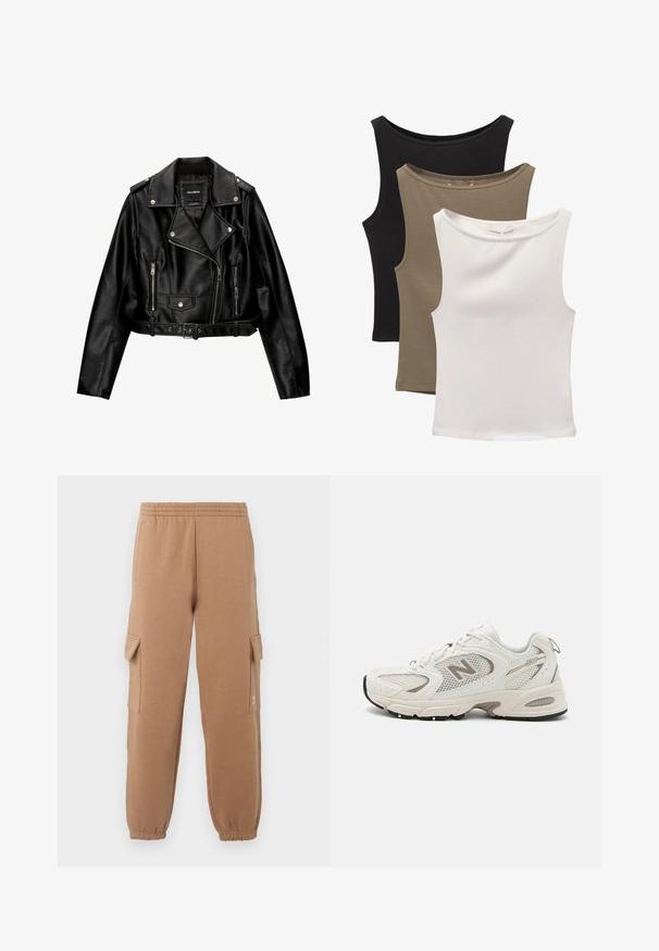 Crna kožna skraćena biker jakna srezanog ovratnika, srebrnim detaljima, džepovima na zip i remenom u struku.; Tri suknje bez rukava složene: crna, maslinasto zelena i bijela. Tkanina je glatka, elastična s okruglim izrezima i bez uzoraka.; Bež cargo hlače napravljene od mekog materijala s elastičnom trakom u struku, sužene na gležnju i bočnim džepovima, s malim logom.; Bijele mrežaste tenisice za trčanje s sivim naglascima, zaobljenim vrhom, dizajnom s vezicama, amortizirajućom potplatom i istaknutim "N" logotipom s bočne strane.