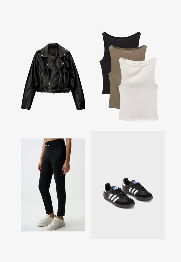 Czarna skórzana kurtka motocyklowa o kroju cropped, z wyciętą kołnierz, srebrnymi dodatkami, zamykanymi kieszeniami oraz paskiem w talii.; Trzy bezrękawniki ułożone w stos: czarny, oliwkowy i biały. Materiał jest gładki, elastyczny, z okrągłymi dekoltami i bez wzorów.; Czarne spodnie sportowe z elastycznym pasem, dopasowane, gładka tekstura oraz boczne kieszenie, noszone z białymi sneakersami.; Czarne sneakersy z zamszową i syntetyczną cholewką, wyposażone w trzy białe paski, teksturowaną gumową podeszwę oraz niebieską metkę z logo na języku.
