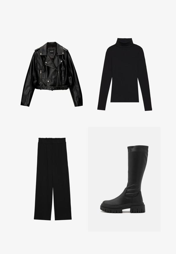 Musta nahkainen lyhyt moottoripyörätakki, jossa on lovellinen kaulus, hopeanväriset yksityiskohdat, vetoketjulliset taskut ja vyötärölle sidottava vyö.; Musta poolalla pitkähihaisen pusero, joka on valmistettu ribbikankaasta, tarjoaa muotoilevan leikkauksen, jossa on korkea kaula-aukko eikä kuvioita tai koristeita.; Musta leveälahkeinen housut, joissa on röyhelövyötärö, kaksi sivutaskua ja sileä, kevyt kangas. Ei näkyviä kuvioita tai metalliosia.; Even&Odd Platform-saappaat - black