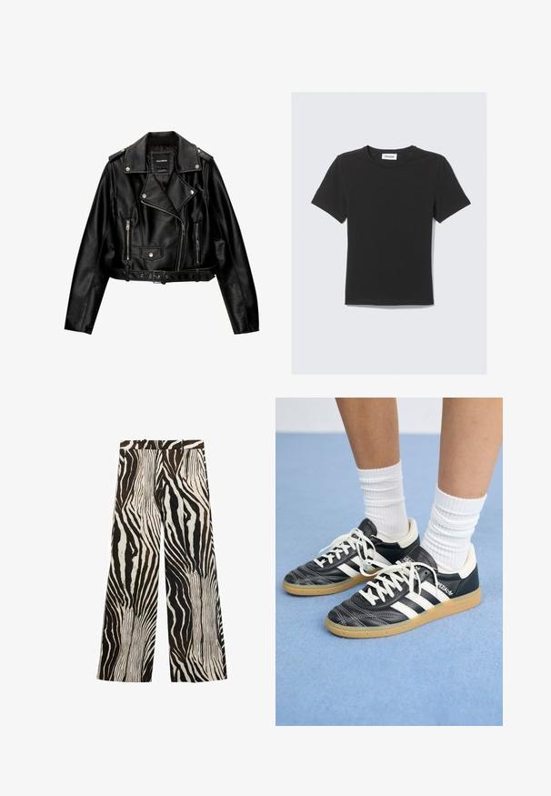 Czarna skórzana kurtka motocyklowa o kroju cropped, z wyciętą kołnierz, srebrnymi dodatkami, zamykanymi kieszeniami oraz paskiem w talii.; Czarna koszulka z krótkim rękawem, wykonana z miękkiej bawełny, z okrągłym dekoltem i luźnym fasonem, charakteryzująca się prostym designem i brakiem widocznych wzorów.; Spodnie o szerokich nogawkach z odważnym nadrukiem w paski zebry w czerni i bieli z brązowymi akcentami; wykonane z lekkiego materiału, o gładkiej fakturze.; Czarne skórzane sneakersy z białymi paskami, okrągły czubek, białe sznurowadła i gumowa podeszwa. Podkreślone wyściełanym kołnierzem i detalami z logo.