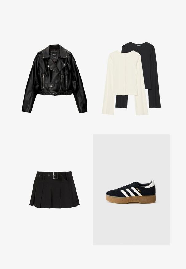 Jachetă de motociclist scurtă din piele neagră, cu guler cu revere, accesorii din metal argintiu, buzunare cu fermoar și talie cu curea.; Set de două bluze cu mâneci lungi, una albă și una neagră. Textură ribbată, decolteu rotund, design ajustat cu mâneci ușor evazate.; Fustă plisată neagră cu o curea. Realizată dintr-un material neted, cu o cataramă argintie și un tiv rigid pentru un plus de stil.; Pantof sport negru din piele întoarsă, cu trei dungi albe și siglă aurie. Talpă de gumă cu aderență texturată. Design clasic cu talpă joasă, vârf rotunjit.