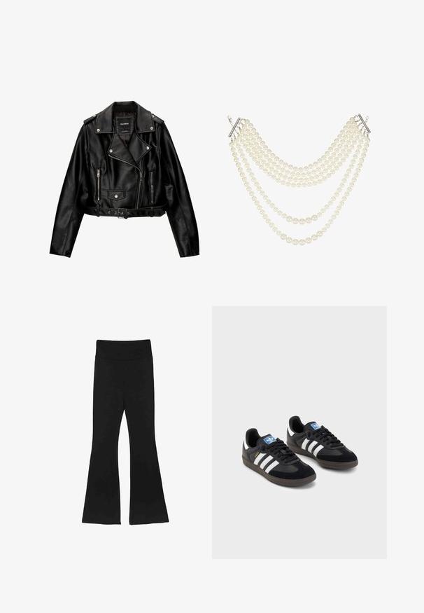 Sort læder cropped bikerjakke med et skårelapels, sølvhardware, lynlåslommer og bæltested.; Sort kortærmet top med bred halsudskæring og løs pasform. Lavet af blødt stof uden synlige mønstre eller pynt.; Sorte flared bukser med en bred talje og et glat, strækbart stof. Benene udvider sig, hvilket skaber en veldefineret silhuet.; Sorte sneakers med en overdel i ruskind og syntetisk materiale, med tre hvide striber, struktureret gummisål og en blå logoetiket på tungen.; Multiværs halskæde med cremede hvide perler i forskellige størrelser, sikret med en simpel sølvfarvet lås og accenter.