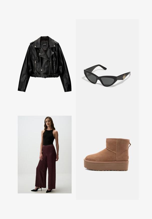 Zwarte leren cropped bikerjack met een ingenaaide kraag, zilveren hardware, ritssluitingen en een ceintuur in de taille.; Witte mouwloze tanktop met een vierkante halslijn, een gladde textuur en een nauwsluitend ontwerp. Gemaakt van lichtgewicht stof.; Zwarte mouwloze top met hoge hals, gecombineerd met wijde broek met een rood-wit geometrisch patroon. Zwarte puntige hakken.; Tan suède enkellaars met een platformzool, ronde neus en stiksels; heeft een trekband aan de achterkant voor gemakkelijke instap.; Cat-eye zonnebrillen met een matte zwart plastic frame, donkere lenzen en een gouden logo-accent op de poot. Hoekig ontwerp en een soepele textuur.