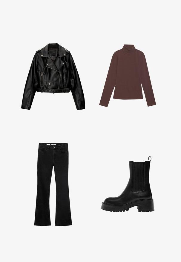 Čierna kožená skrátená bikerská bunda so zúženým golierom, striebornými doplnkami, zipsovými vreckami a pásom v páse.; Hnedý rolák s dlhým rukávom vyrobený z mäkkej pleteniny. Má priliehavý strih a minimálne detaily šitia.; Čierne rozšírené džínsy z mäkkej tkaniny s hrubým okrajom, s dvoma prednými vreckami a zapínaním na gombík so zipsom.; Čierne kožené členkové topánky s robustnou podrážkou, textúrovanými bočnými panelmi a pútkom na zadnej strane. Majú hladký povrch a zaoblenú špičku.