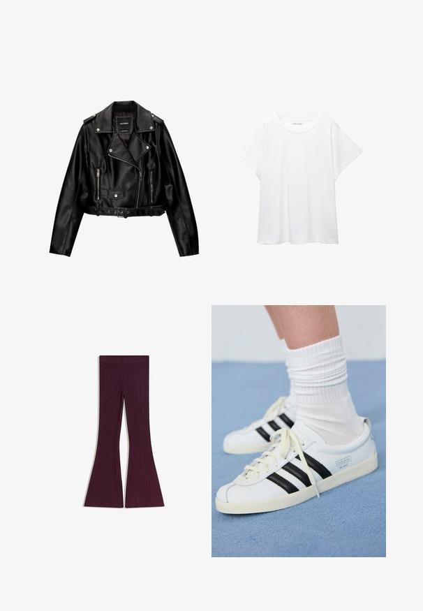 Čierna kožená skrátená bikerská bunda so zúženým golierom, striebornými doplnkami, zipsovými vreckami a pásom v páse.; Biele tričko vyrobené z mäkkého, ľahkého materiálu. Má okrúhly výstrih a krátke, široké rukávy s uvoľneným strihom. Bez viditeľných vzorov.; Rozšírené legíny v bohatej burgundskej farbe, s textúrovaným rebrovaným dizajnom a bezpečným, elastickým pásom pre pohodlie a dobré prispôsobenie.; Biele kožené tenisky s čiernymi pruhmi, krémovou podrážkou a svetlými šnúrkami. Nosené s bielymi rebrovanými ponožkami, umiestnené na modrom pozadí.