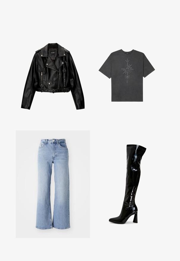 Crna kožna skraćena biker jakna srezanog ovratnika, srebrnim detaljima, džepovima na zip i remenom u struku.; Tamno siva oversized majica od pamuka, s centralnom grafikom sunca s složenim linijskim detaljima ispisanim na prednjoj strani.; Svijetloplave traperice visokog struka širokih nogavica s prednjim i stražnjim džepovima, kopčanjem na gumbi i suptilnim izblijedjenjem na bedrima i rubovima.; Crne čizme iznad koljena napravljene od sjajne lakirane kože, s elegantnim dizajnom, šiljastim vrhom i blok petom.