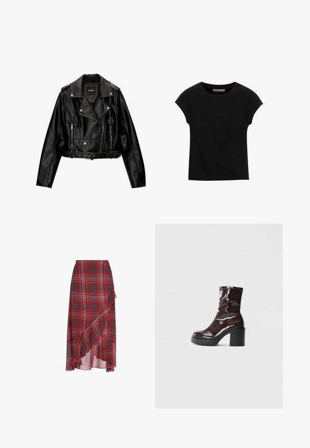 Svart läderkort motorcykeljacka med snedkrage, silverdetaljer, dragkedjefickor och bälte i midjan.; Svart kortärmad t-shirt i mjukt tyg med rund halsringning och avslappnad passform, med en jämn textur och utan mönster.; Röd rutmönstrad kjol i lättviktsmaterial med en volangkant och en asymmetrisk design. Inkluderar nyanser av grått och vitt i mönstret.; Glansig bordeauxfärgad ankelsko med en kraftig svart klack, som har en slät yta och enkel design. Inga synliga stängningar eller mönster.