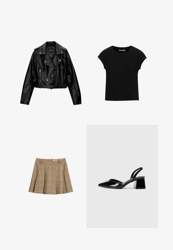 Black leather cropped biker jacket featuring a notched collar, silver hardware, zippered pockets, and a belted waist.; Black short-sleeve t-shirt made of soft fabric, featuring a round neckline and a relaxed fit, with a smooth texture and no patterns.; Brown plaid skirt featuring a flared design, pleats, and a waistband with belt loops. Made of textured fabric with a check pattern.; Black patent leather slingback heels with a pointed toe and a geometric block heel. Features a sleek, minimal design and smooth texture.