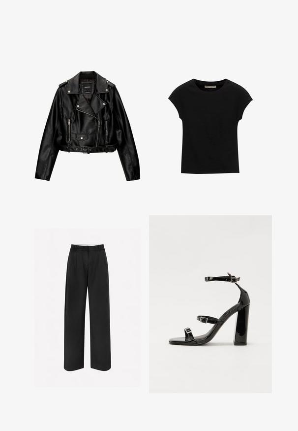 Čierna kožená skrátená bikerská bunda so zúženým golierom, striebornými doplnkami, zipsovými vreckami a pásom v páse.; Čierne tričko s krátkym rukávom vyrobené z mäkkého materiálu, s okrúhlym výstrihom a voľným strihom, s hladkou textúrou a bez vzorov.; Čierne nohavice s širokými nohavicami vyrobené z hladkej tkaniny, s upraveným strihom, prednými záhybmi a pútkami na opasok v oblasti pásu.; Čierne lakované sandále na podpätku so štvorcovou špičkou, navlečenými remienkami okolo členku a striebornými prackami. Disponujú masívnym blokovým podpätkom pre stabilitu.
