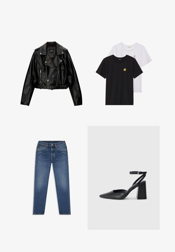 Čierna kožená skrátená bikerská bunda so zúženým golierom, striebornými doplnkami, zipsovými vreckami a pásom v páse.; Čierne a biele tričká, okrúhly výstrih, krátke rukávy. Čierne tričko má žltú výšivku slnka; biele má fialový mesiac ako akcent.; Modré džíny z denimu so strihom rovného nohavice, s gombíkom a zipsom, piatimi vreckami a jemným vyblednutím v praní.; Čierne kožené lodičky s špicatou špičkou a členkovým remienkom, s masívnym podpätkom. Hladký povrch, elegantný dizajn a minimalistická estetika.