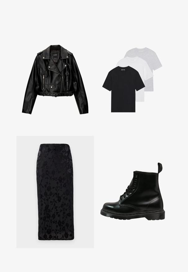 Kratka motoristična jakna iz črnega usnja s podloženim ovratnikom, srebrno opremo, žepi na zadrgo in pasom.; Komplet treh osnovnih majic v črni, beli in svetlo sivi barvi. Kratki rokavi, okrogla izrezana vrata, narejene iz gladkega bombažnega materiala. Vidna blagovna znamka.; Even&Odd Ozko oprijeto krilo - black; Črne usnjene čevlje z zaobljenim nosom, zavezovanjem, šestimi luknjami za vezalke in teksturiranim gumijastim podplatom. Vključuje zanko za pomoč pri obuvanju na hrbtni strani.