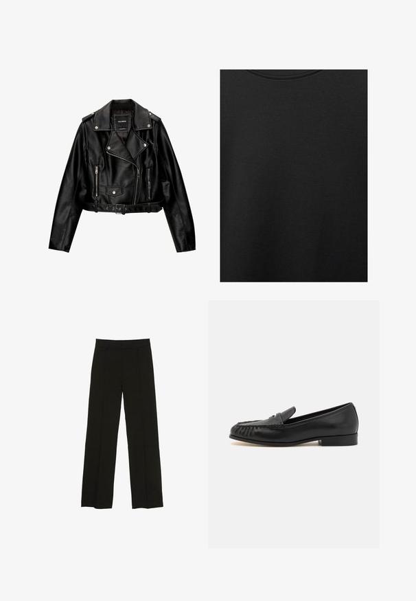 Kratka motoristična jakna iz črnega usnja s podloženim ovratnikom, srebrno opremo, žepi na zadrgo in pasom.; Črn bombažni material z gladko teksturo in okroglo izrezom, ki ima subtilen, enakomeren vzorec. Brez vidnih logotipov ali akcentov.; Črne široke hlače iz gladkega materiala, z oprsnikom in diskretnimi sprednjimi plisami za dodano teksturo.; Črne usnjene loafers čevlje z zaobljenim nosom, ki imajo na sprednjem delu tkan vzorec, nizko peto in gladko površino. Brez dodatnih okraskov.